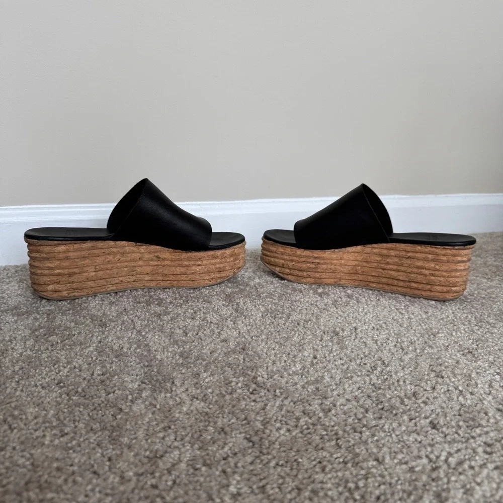 Jeffrey Campbell Black Leather Cork Platform Wedge Slide Sandals Mules Size 39